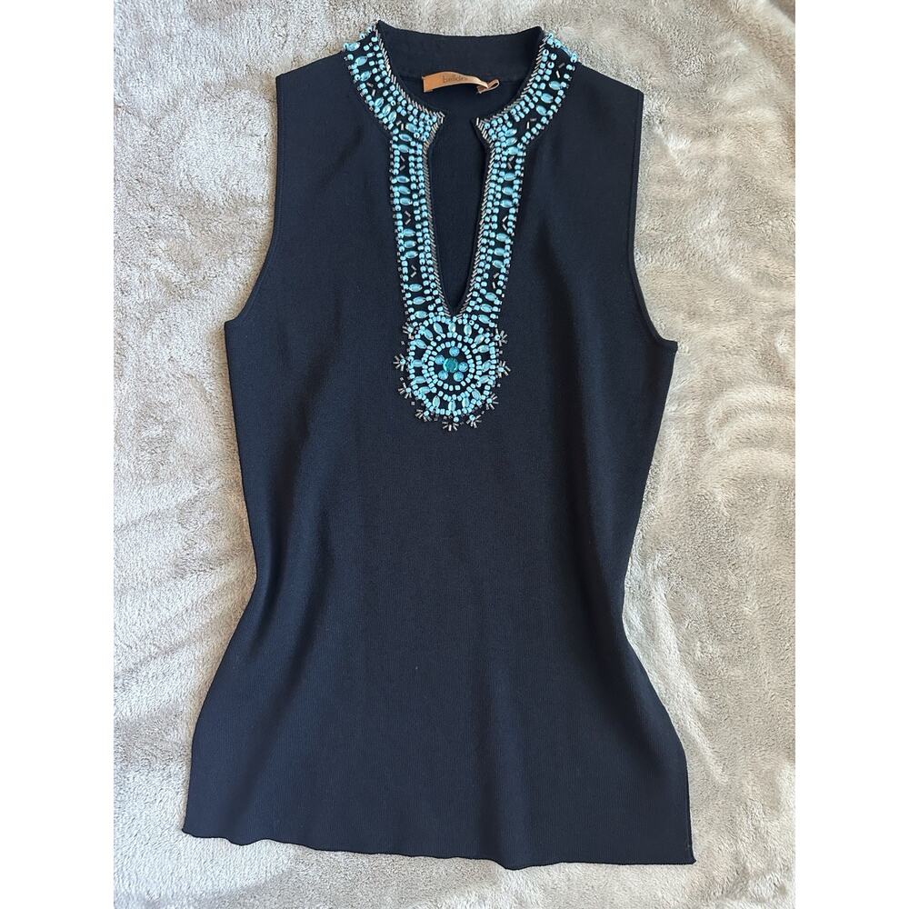 Belldini Turquoise Beaded Kimono Style Black Sleeveless Tunic Top Y2K Embellish